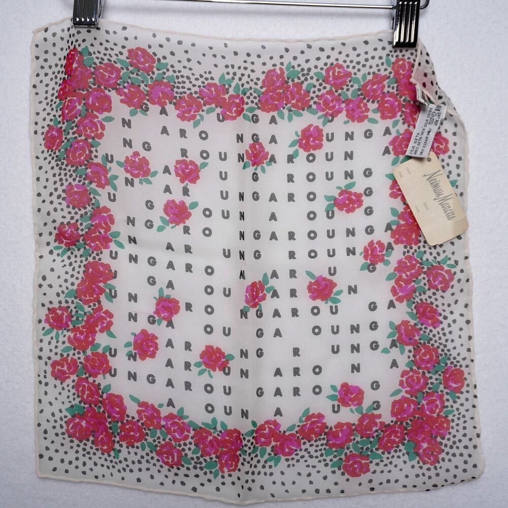 Vintage Emmanuel Ungaro Namesake Rose and Dot Print Scarf w/ Neiman‎ Marcus Tags